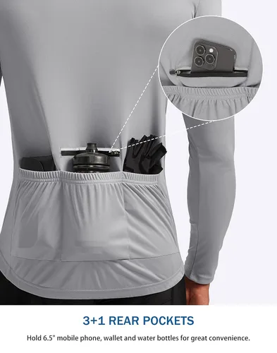 Vista 3 de Bikewa Maillot de ciclismo para hombre con 3+1 bolsillos traseros con cremallera, manga larga, absorción de humedad, UPF 50+ media cremallera