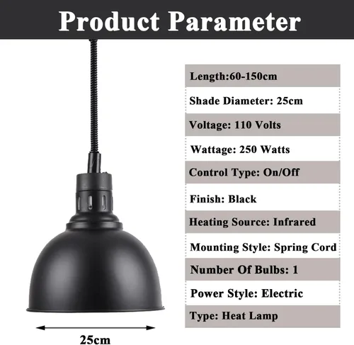 Vista 2 de Lámpara colgante de calor de alimentos infrarrojos Calentador de alimentos Fry Luz de calefacción 250W con cable retráctil (Dia25cm Negro))