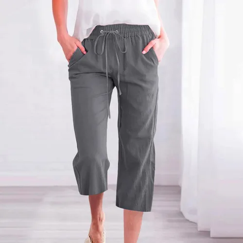 Vista 2 de JEGULV Pantalones cortos de lino para mujer 2023 verano casual elástico cintura alta pierna ancha pantalones palazzo sueltos con bolsillos