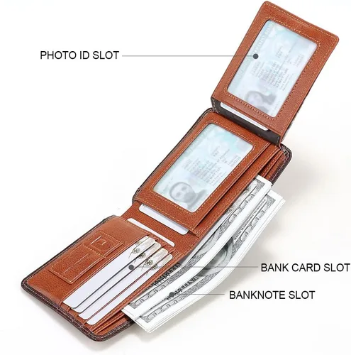 Vista 22 de Billetera de piel triple con bloqueo RFID para hombre con 2 ventanas de identificación, 2 compartimentos para efectivo, 6-8 ranuras para tarjetas