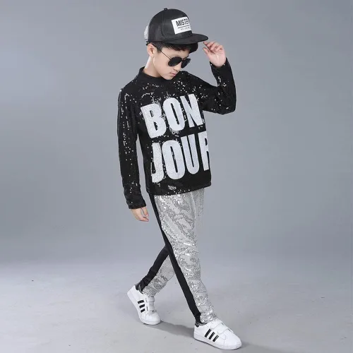 Vista 5 de LOLANTA Disfraz de baile para niños y niñas, ropa de hip hop con lentejuelas de los años 80 y 90, trajes brillantes de baile