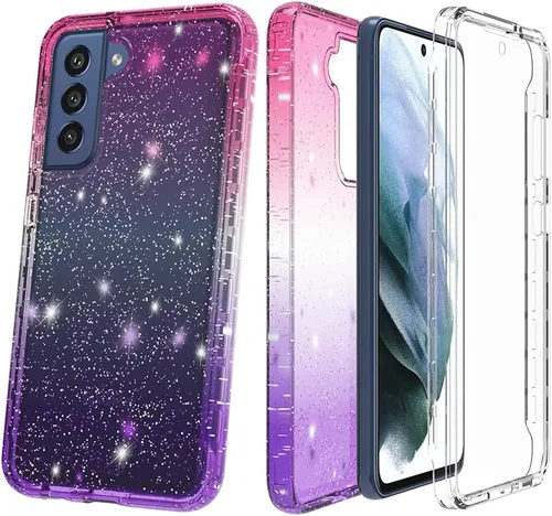 Vista 3 de Funda compatible con Samsung Galaxy S21 FE con purpurina de cuerpo completo con protector de pantalla integrado, resistente de doble capa a prueba