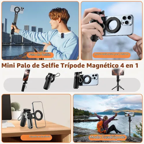 Vista 2 de CloudValley Mini trípode magnético para selfie, trípode para teléfono de tamaño de bolsillo 4 en 1 con rotación de 360°, control remoto Bluetooth