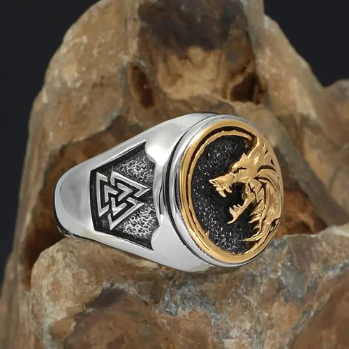 Vista 3 de Fantasy Forge Jewelry Norse Fenrir - Anillo de sello para hombre, de acero inoxidable, oro y lobo vikingo, tallas 9-13
