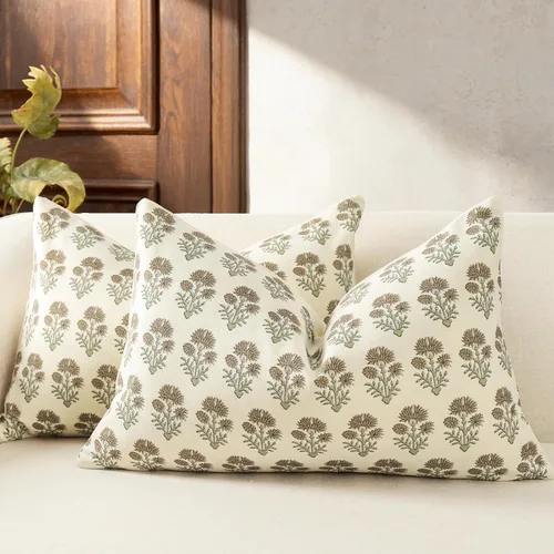 Vista 8 de Juego de 2 fundas de almohada florales de 20 x 20 pulgadas, fundas de almohada con diseño botánico campestre para sofá, cama, sala de estar, fundas