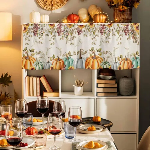 Vista 50 de Cenefa de cortina con lazo rojo de Navidad para ventanas, sala de estar, cocina, baño, granja, bolas de Navidad de acuarela con diseño de bayas