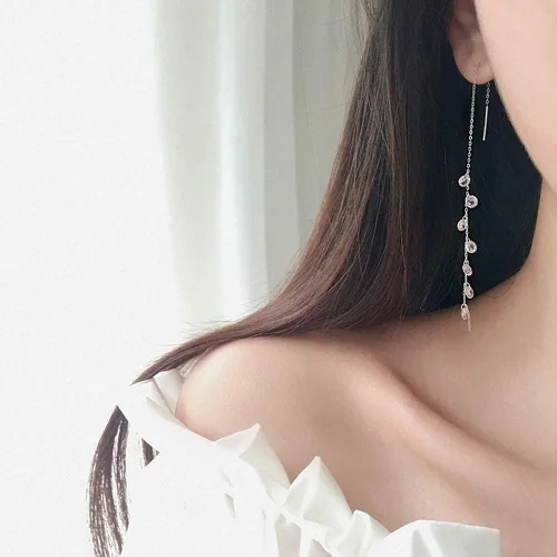 Vista 3 de 925 Sterling Silver Tassel Drop Earrings Long CZ Droplet Dangle Threader Earrings for Women