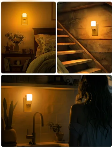 Vista 5 de Luces nocturnas ámbar enchufables a la pared, paquete de 2 luces LED de noche para dormitorio con sensor de atardecer a amanecer, brillo ajustable