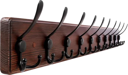 Vista 10 de Kuhome Perchero de madera para colgar sombreros de pared, tablón de madera real de pino de 16.9 pulgadas, color marrón, con 5 ganchos triples