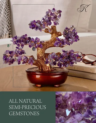 Vista 3 de KALIFANO Amatista natural (360 piedras preciosas) Árbol de cristal de chakras – Bonsái Feng Shui árbol de dinero para energía positiva, suerte