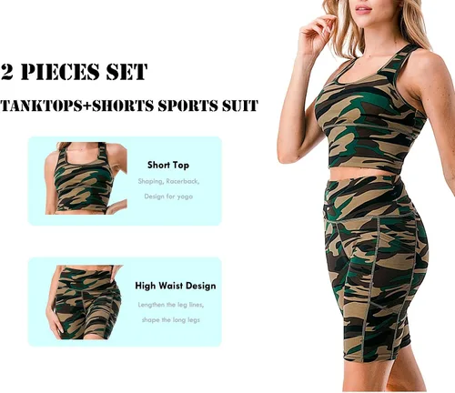 Vista 7 de Petalroz - Conjuntos de entrenamiento para mujer 2 piezas brasier deportivo de camuflaje y leggings de cintura alta con bolsillos conjuntos