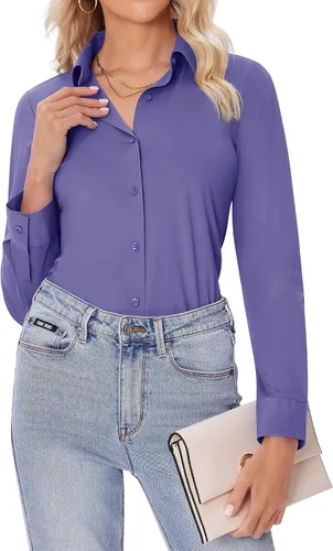 Vista 30 de siliteelon Camisas con botones para mujer, ajustadas, de manga larga, elásticas, de vestir, camisas de trabajo, sin arrugas, blusas de oficina