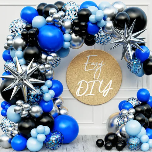 Vista 5 de Kit de arco de globos todo en uno azul y negro con estrella fugaz de bonificación – Globos plateados negros azules pequeños y grandes – Decoraciones