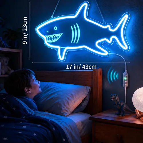 Vista 2 de Letrero de neón de tiburón con sensor de movimiento, letrero de neón LED azul hielo con 3 modos regulables, tablero acrílico decoración de tiburón