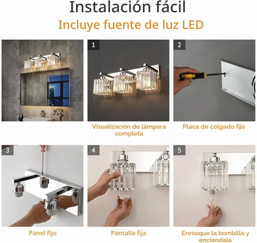Vista 7 de Moderna lámpara de pared/tocador de baño de cristal, color cromo, de 3 luces Cromo Recto