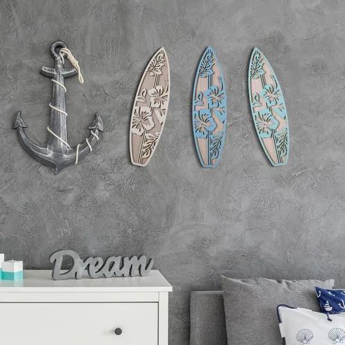 Vista 7 de RattanView 3 piezas de decoración de tabla de surf para dormitorio, decoración de pared de playa de madera, tabla de surf de madera de verano