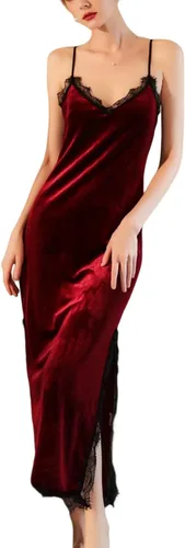 Vista 3 de Women Longer Velvet Lace Nightgowns Deep V Chemise Sexy Lingerie Nightdress Split Hem Sleeveless Cami Sleepwear