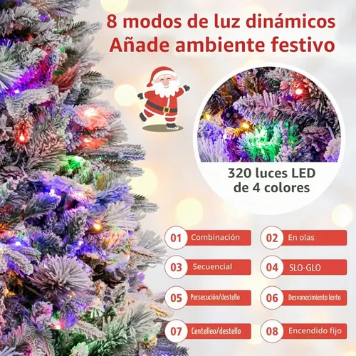 Vista 4 de HAPPYGRILL - Árbol de Navidad artificial preiluminado de 2.1 m, árbol de Navidad con nieve flocada y 320 luces LED multicolor, 8 modos de Snow Pe