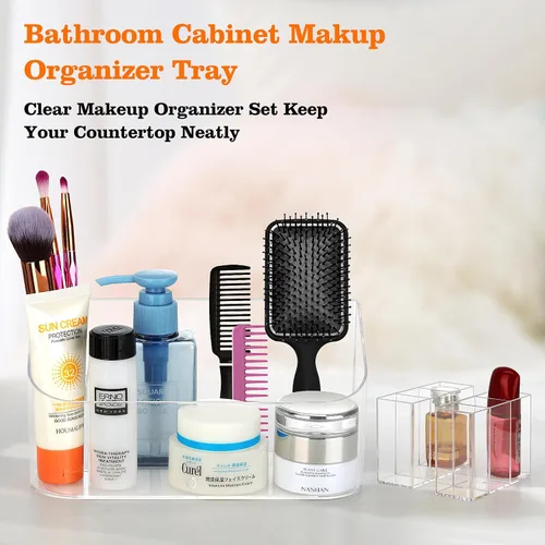Vista 6 de Bandeja organizadora de maquillaje transparente, vitrina de cosméticos, pequeño organizador de maquillaje para tocador, baño, encimera, encimera