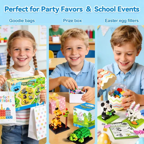 Vista 5 de FUN LITTLE TOYS Recuerdos de fiesta para niños, juegos de bloques de construcción de mini animales, bolsas de regalo para niños, premios de juguetes