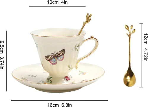 Vista 6 de Juego de taza de té y platillo de porcelana, taza de café de cerámica de 8.5 onzas líquidas con platillo y cuchara, taza de café vintage con ribete