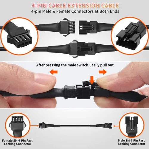 Vista 3 de 4 cables de extensión de luces LED RGB de 47 pulgadas/3.93 pies, cable de cable de 4 pines, conector a presión, luces subterráneas, multicolor