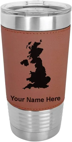 Vista 15 de LaserGram 20oz Vacuum Insulated Tumbler Mug, Country Silhouette United Kingdom, Personalized Engraving Included (Faux Leather, Baseball Style)