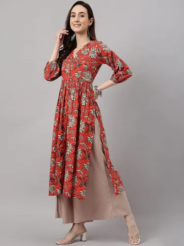 Vista 5 de Janasya Indian - Kurta de algodón naranja óxido con estampado floral para mujer