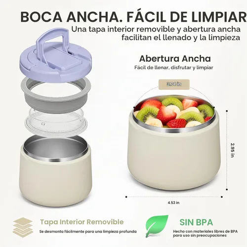 Vista 5 de Tarro aislado al vacío de 14 onzas con tapa de hebilla, termo de sopa para niños de comida caliente, boca ancha, a prueba de fugas, de acero Beige