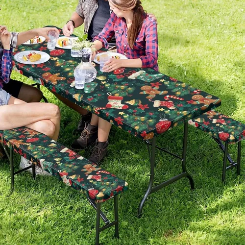 Vista 3 de Juego de 3 calcetines de árbol de Navidad de dibujos animados y galletas, funda de mesa de picnic ajustable con funda de banco, manteles Calcetines