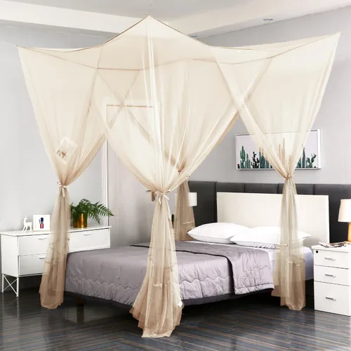 Vista 8 de Mengersi Cortinas de cama con dosel de 4 postes, mosquitero para cama tamaño Twin a Twin XL, cortinas de red para cama para camping, patio, red Negro