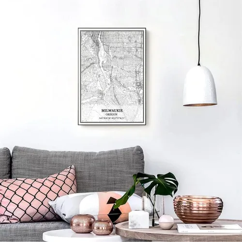 Vista 2 de TANOKCRS Milwaukie Oregon USA America Map - Póster impreso en lienzo sin marco, moderno mapa blanco y negro, regalo de recuerdo, decoración