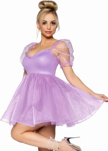 Vista 3 de Leg Avenue womens Frosted Organza Babydoll Dress With Ruffled Neckline and Puff Sleeves