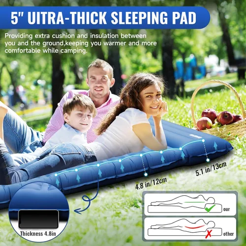 Vista 2 de KASIMO Colchoneta de dormir doble para acampar, 5 pulgadas, ultra gruesa, 4.6x6.6 ft para 2 personas con almohada incorporada, inflable