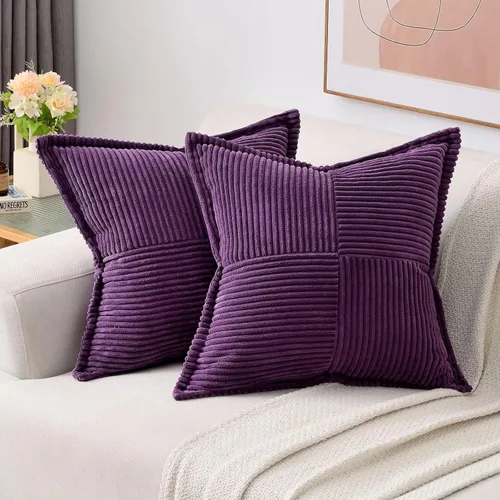 Vista 25 de HAUSSY Paquete de 2 fundas de almohada de 16 x 16 pulgadas, fundas decorativas de pana suave, estilo bohemio, a rayas, sólidas, decoración