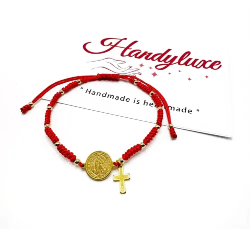 Vista 8 de Pulsera de cuerda roja hecha a mano con dije de Virgen María, joyería de protección cruzada de religión
