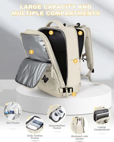 Vista 4 de Mochila de viaje para mujer, aprobada por aerolíneas, bolsas de mano para artículos personales, beige (A-Beige), Mochila de viaje para laptop