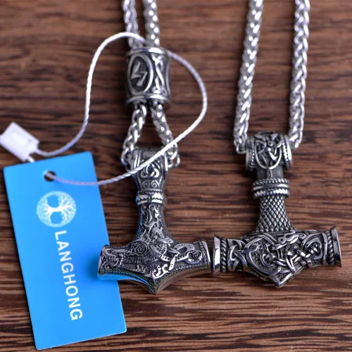 Vista 2 de Collar de martillo de Thor vikingo nórdico Mjolnir para hombre, joyería de talismán