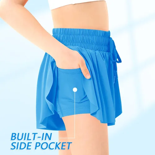 Vista 3 de Girls Butterfly Athletic Shorts, Kids Flowy Shorts with Pocket 2-in-1 Running Shorts Active Workout Cheerleading