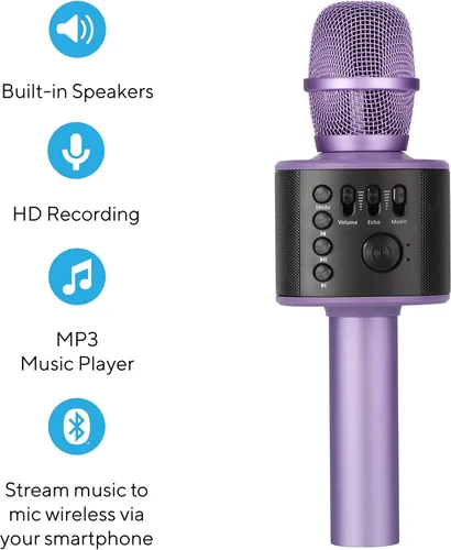 Vista 2 de Micrófono de karaoke inalámbrico Bluetooth con altavoces incorporados + grabación HD, micrófono portátil de mano Lila
