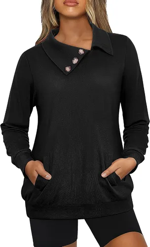 Vista 3 de Unixseque Camisetas de manga larga para mujer, cuello de solapa, cuello en V, túnica casual con botones, con bolsillo, sudadera sólida de moda