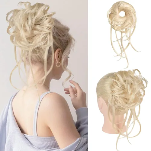 Vista 27 de HOOJIH Pieza de pelo desordenado de moño – Extensiones superlargas despeinadas, cola de caballo ondulada con banda elástica para mujeres y niñas