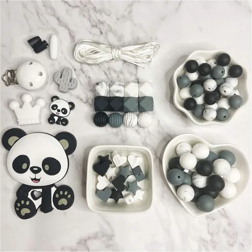 Vista 9 de DIY cuentas de silicona helado conjunto collar pulsera silicona hexágono perlas anillo de madera