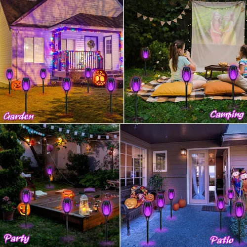 Vista 2 de IkeeRuic Decoraciones de Halloween al aire libre, luces solares de Halloween moradas con llama parpadeante, luces solares para decoración de patio