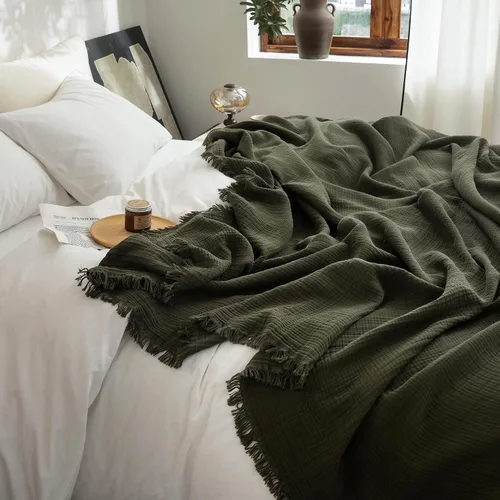 Vista 33 de FOSSA Manta de Muselina con Flecos - Gasa de Algodón 100% de 4 Capas Súper Suave y Transpirable - Manta Decorativa Ligera y Refrescante para Cama