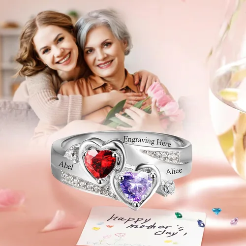Vista 6 de Anillo de plata de ley con piedras de nacimiento, anillos de piedra natal personalizados para mujeres, mamá, nombres grabados, anillos de promesa