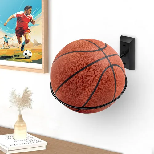 Vista 4 de Soporte de pared para baloncesto VIVTOB, soporte de pared para pelota de 7 pulgadas con base de madera maciza de nogal negro y anillo de metal