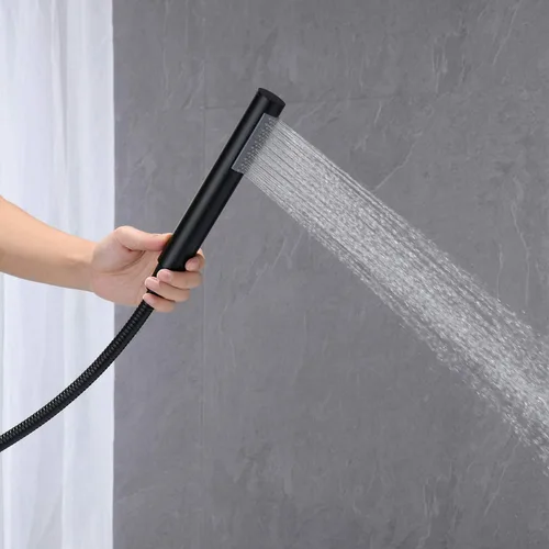Vista 6 de Wowkk Grifo de bañera independiente Llenador de bañera Negro Montaje en piso Latón de una sola manija Grifos de baño con ducha de mano