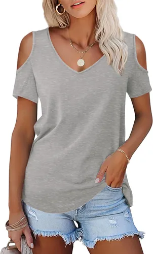Vista 17 de Amoretu - Camisetas de manga corta con hombros descubiertos, cuello en V, blusa y túnica para mujer A: Negro