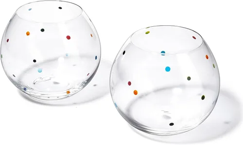 Vista 7 de Vasos coloridos soplados a mano con lunares – Margarita de confeti, copa de vino y Martini con puntos brillantes – Divertida cristalería retro